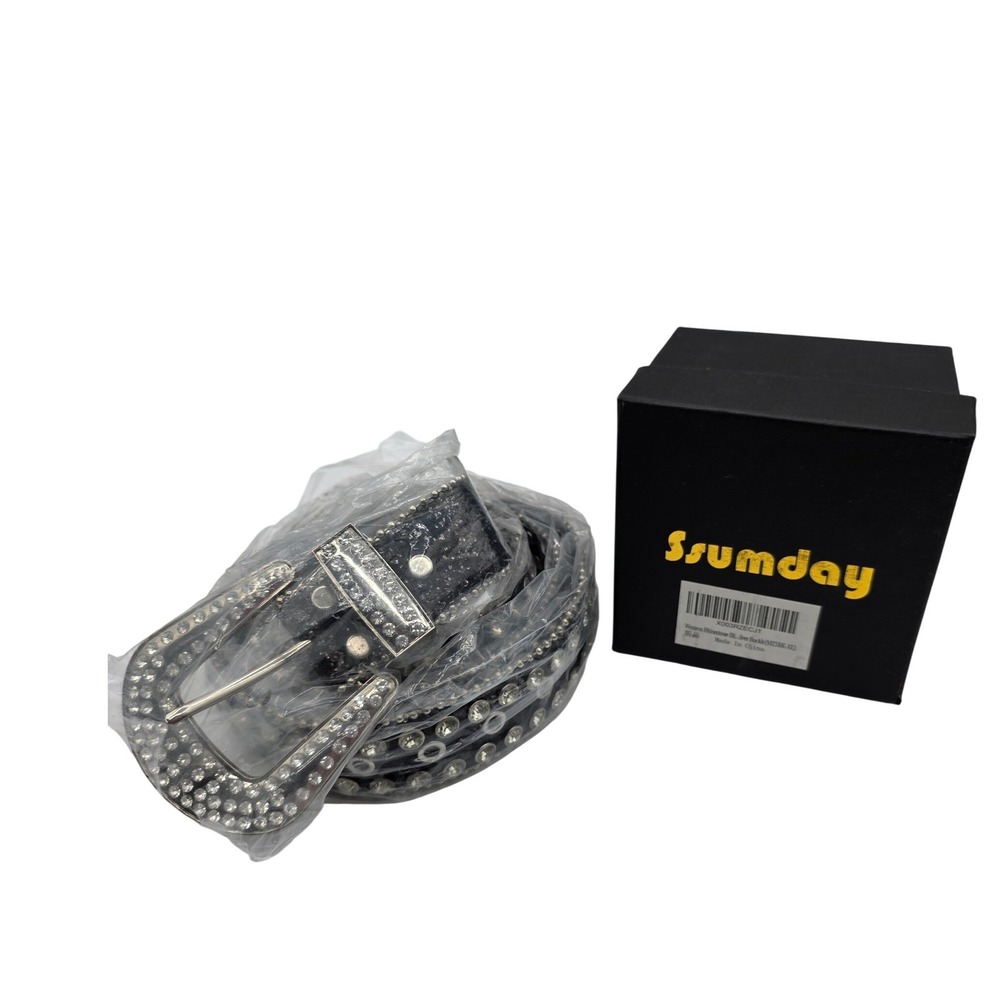 Ssumday Western Rhinestone Belt Silver Buckle Black Sparkle Studded Women /TT